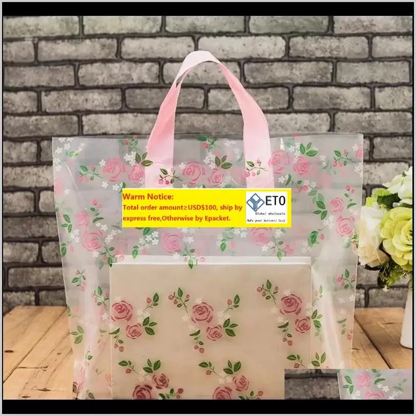 Sacchetti per la spesa in plastica trasparente con manico Confezione regalo per boutique Floreale rosa stampato Grande carino 5 taglie Lz1177 Bmz5J Qatd0