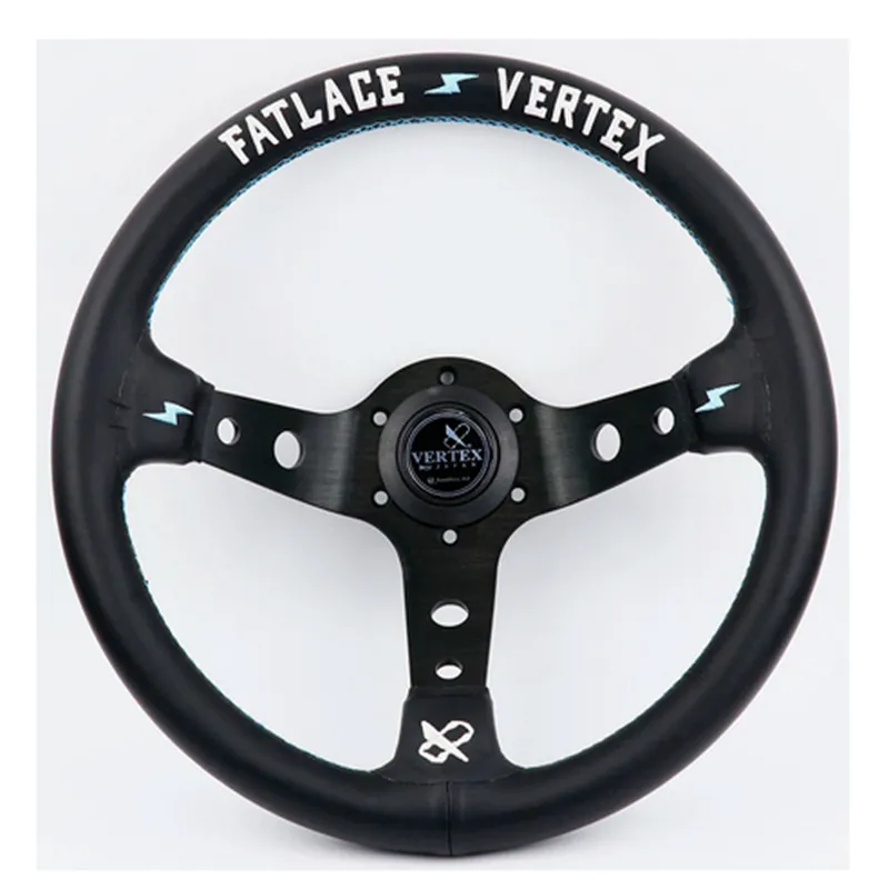 13inch Vertex White Embroidery Black Genuine Leather Drift Sport Steering Wheel With Blue Stitching
