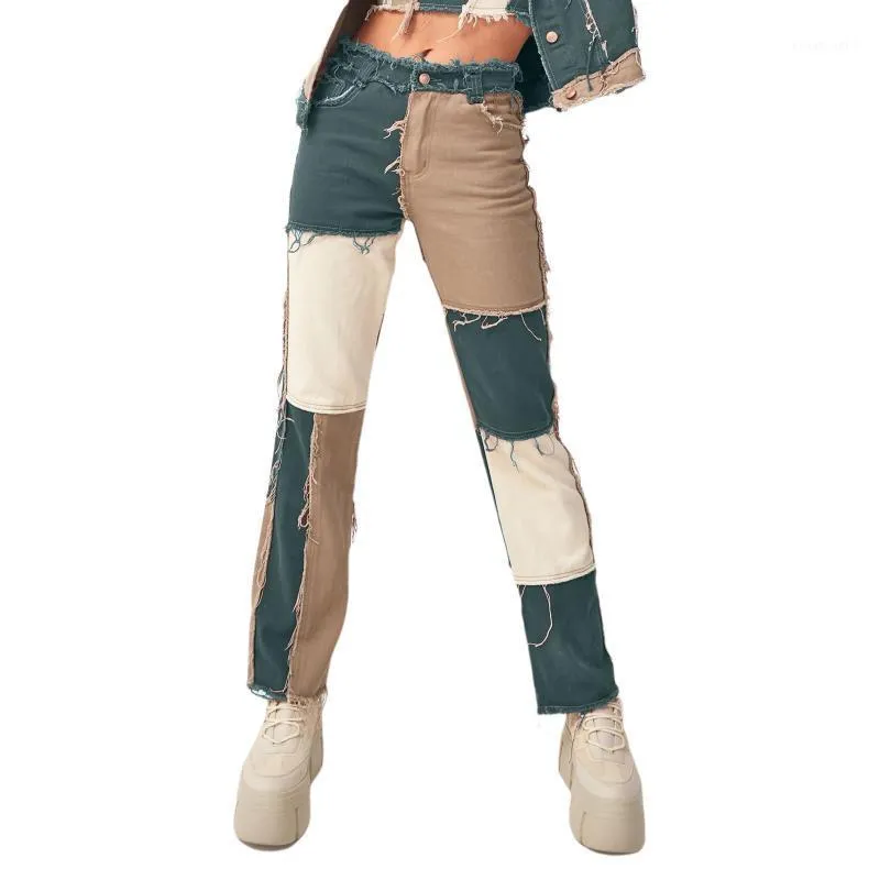 レディースパンツ女性ファッションパネルストレートレッグパッチワークジーンズミッドライスカラーブロックルーズカジュアルワイドレッグズボンとポケット付き