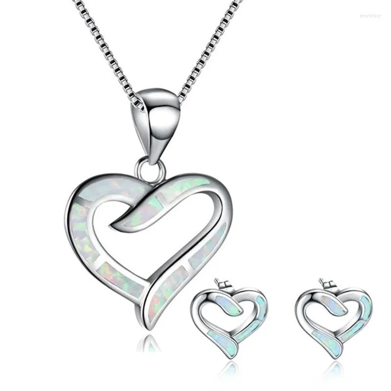 Ensemble de collier et boucles d'oreilles en forme de cœur romantique pour femmes, accessoires Imitation opale de feu bleue, pendentif pour amoureux, bijoux cadeaux de fête de mariage