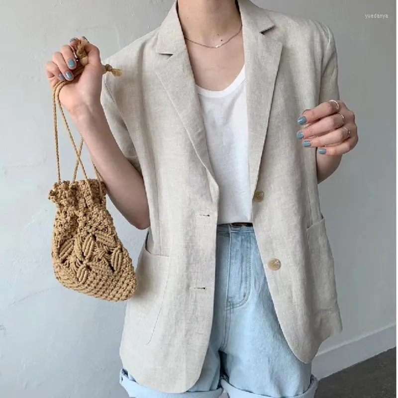 Kvinnors kostymer koreansk mode minimalism Womne svart casual linne blazer noterad kort ärm Löst fit jacka kappvatten vår sommar 2023