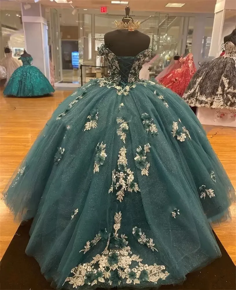 Hunter Green 3D Floral Quinceanera Dresses 2022 Off Shoulder Lace-up Corset Back Puffy Skirt Sweety 15 Vestidos de Quinceaera Hunter Green 3D Floral Quinceanera Dresses 2022 Off Shoulder Lace-up Corset Back Puffy Skirt Sweety 15 Vestidos de Quinceaera