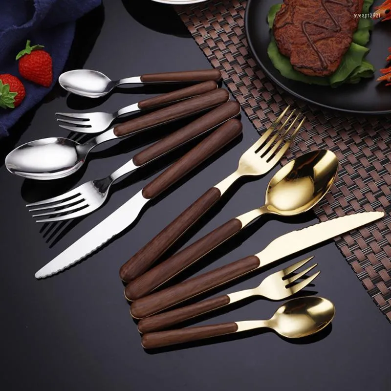 Dinnerware Sets Stainless Steel Tableware Imitation Wood Handle Gold Silver Color Cutlery Set Kitchen Supplies Dinner Accessories