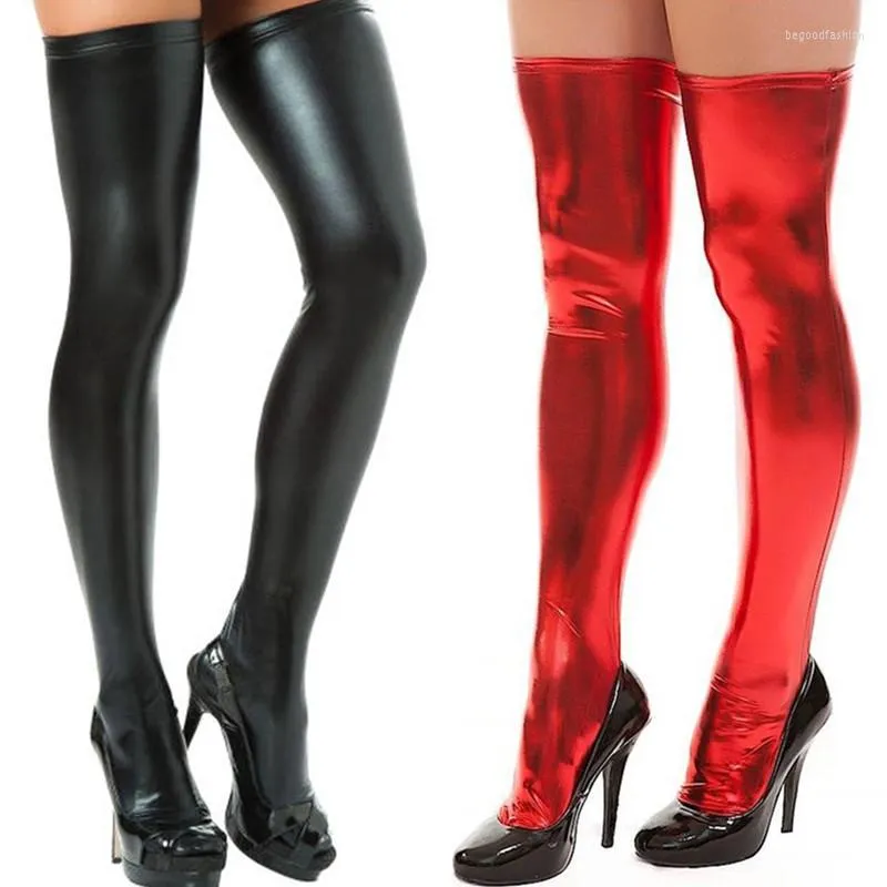 Women Socks 2023 Womene Sexy Pu Leather Stockings Thigh High Black Red Gold Over Kne Long Boot