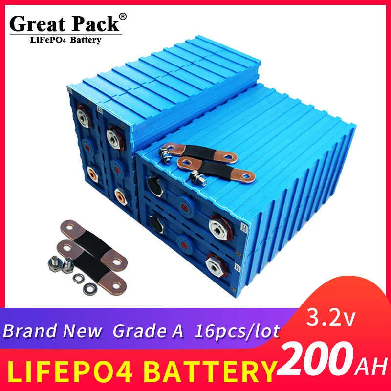 LiFePO4 16PCS 200AH batteria ad alta capacità ricaricabile batteria a lunga durata banca di energia solare a ciclo profondo per camper con sbarra collettrice