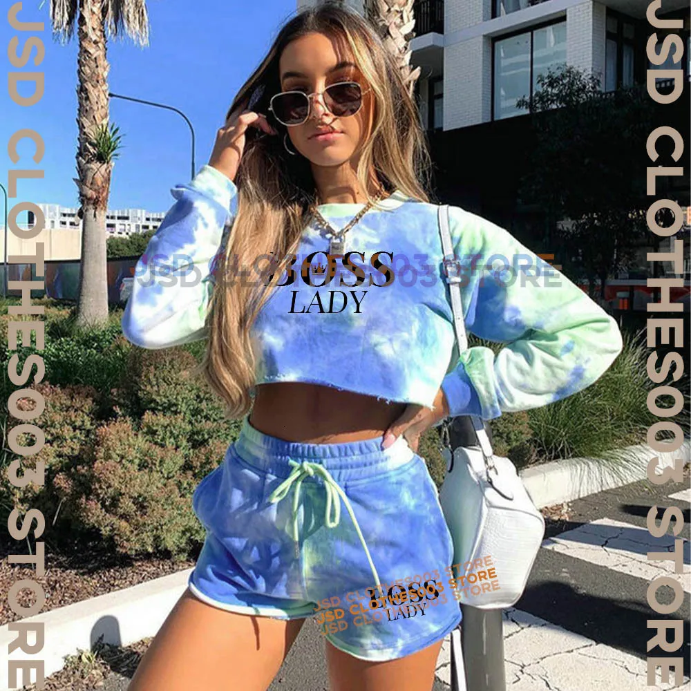 Women's Two Piece Pant Sexy Set Leader Lady Print Tie Dyed Tracksuits Sportswear Crop Top Sweatshirts Suit Gym Ladies Clothing T Shirts 230106
