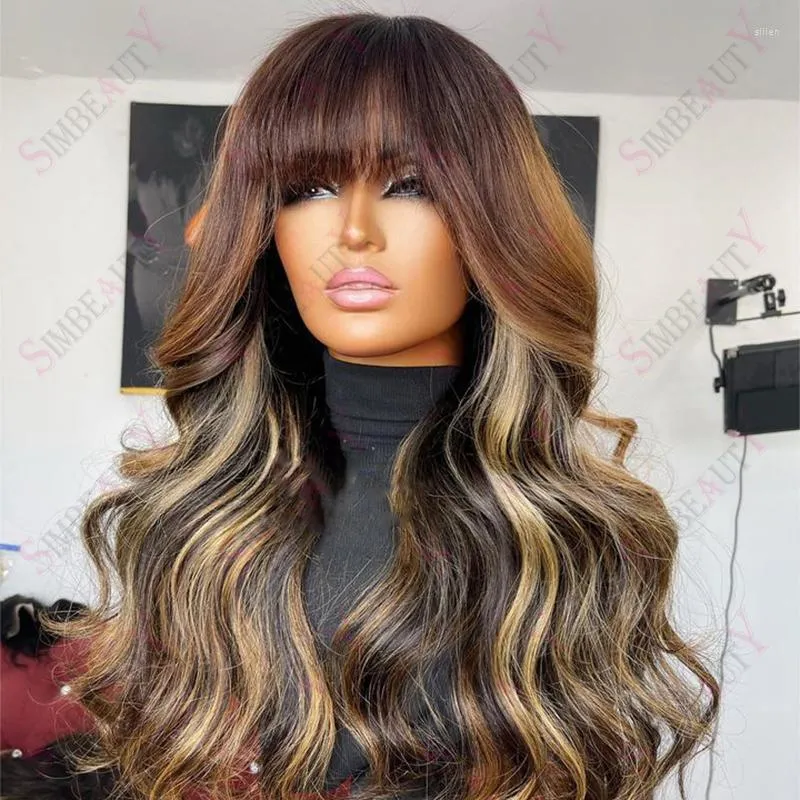 Wavy Fringe 13x6 Spets Front Human Hair Wigs With Bangs Glueless Highlight Caramel Brown Transparent 360 Frontal Wig Remy