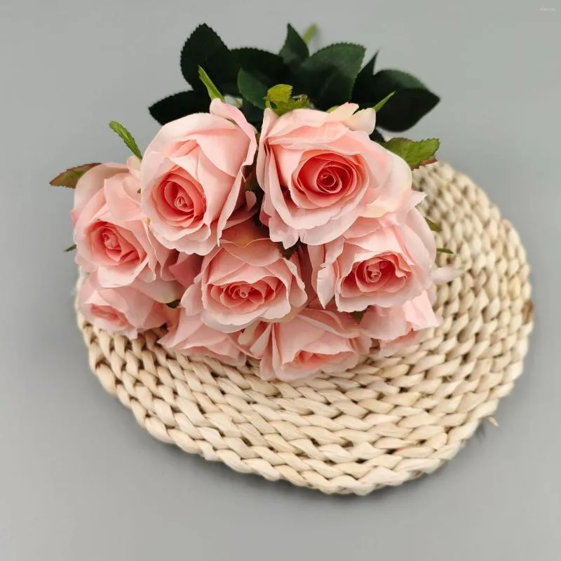 Decorative Flowers Artificial Pink Roses Simulation Silk Bouquet Wedding Bridal Bouquets Home Living Room Table Decoration Pography Props