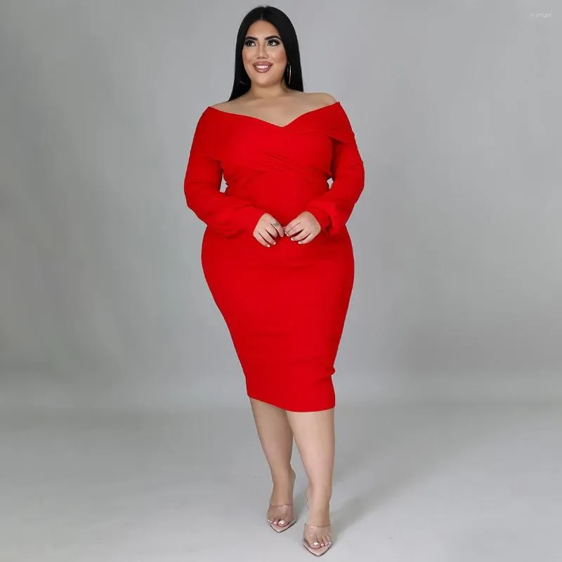 Sukienki w dużych rozmiarach Kobiety 4xl czerwona sukienka solidna poza ramię elegancka dama moda impreza wieczorna szata luksusowa hurtowa jesienna ubranie