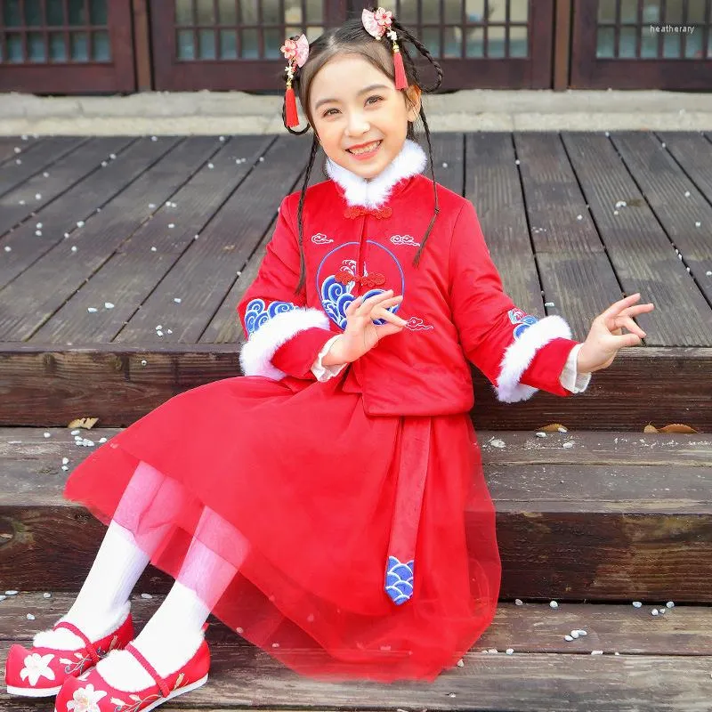 Stage Wear Chinese Traditional Cheongsam Dress Hanfu For Girls Ancient Team Dance Performance Baby Red Year Embroidery Skirt Suit 2023