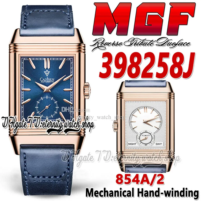 MGF Reverso Tribute Duoface MG398258 MENS Watch 854a/2 Mechanical Hand-Winding Dual Time Zone Rose Gold Case Blue Läderband Super V2 Edition Eternity Watches