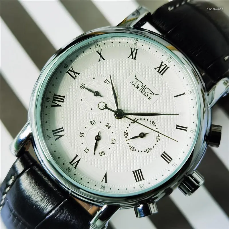 Нарученные часы Jaragar 2023 роскошные автоматические механические часы календарь 24 -часовой кожаный ремешок мужской платье для мужчин для мужчин