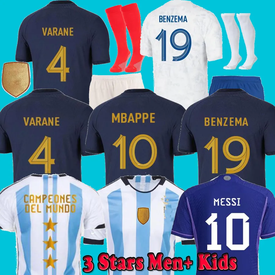 Argentyna 3 gwiazdki Maillots de Football French Soccer Jersey Francia 2023 Benzema Mbappe 23 23 Messis podpisane mężczyźni Kids MAILLOT Koszula Hommes Final Jerseys Fan gracza