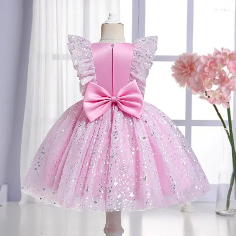 Kız Elbiseler 12m Bebek Pembe Bow Tutu Elbise Çocuk Yıl Elbise Bebek 1 Doğum Günü Prenses Kostüm Çiçek Düğün için