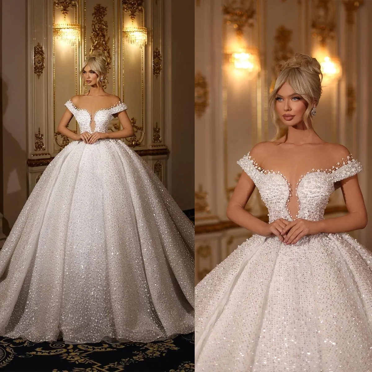 Abiti da sposa glamour con abito da ballo Design unico Collo al largo della spalla con perle Paillettes intere Lunghezza del pavimento senza schienale Custom Made Plus Side Vestidos De Novia