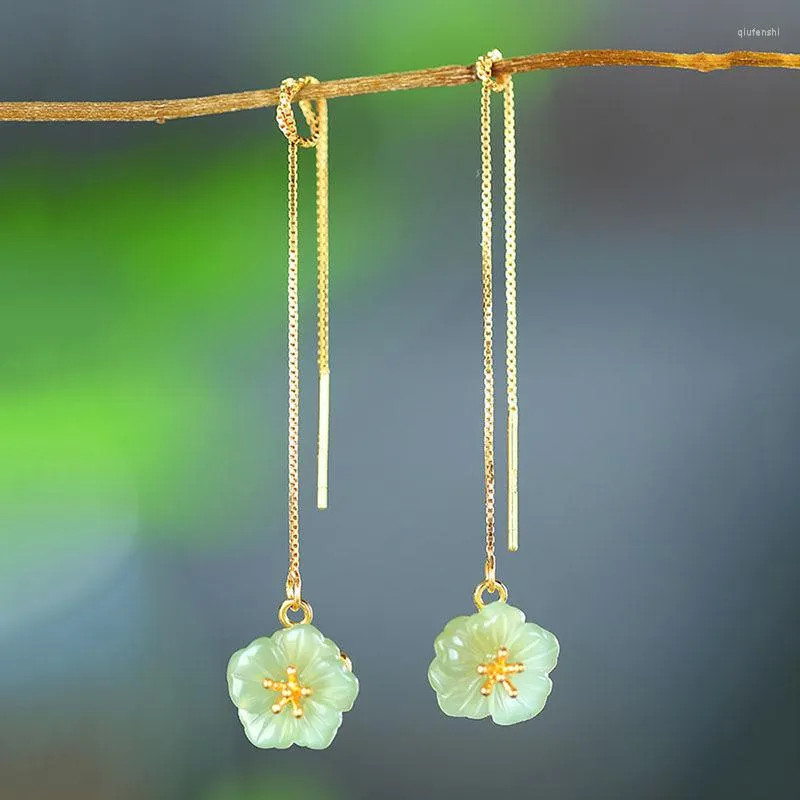 Dingle örhängen naturlig jade plommonblomma för kvinnor färsk lång öronremsa i vintage bröllop smycken present flickvän