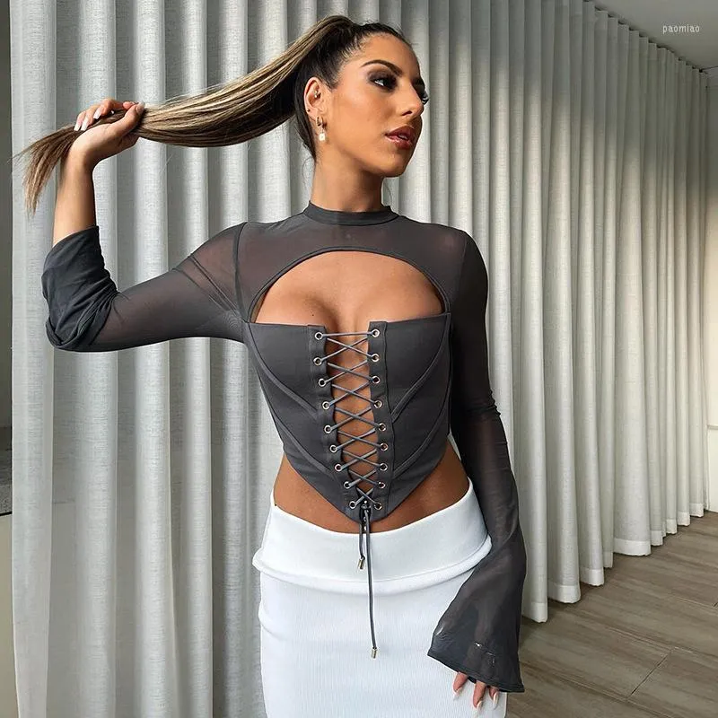 Women's T Shirts Autumn Sexy Mesh Bandage Shirt Club Outfit For Women 2023 Long Sleeve O Neck Crop Top Female Solid Fashion Tee