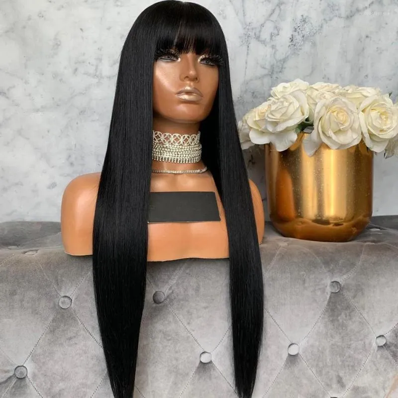 Silky Straight Jet Black Remy Hair Lace Front Wigs For Women Glueless Full With Bangs 180 Density Fringe