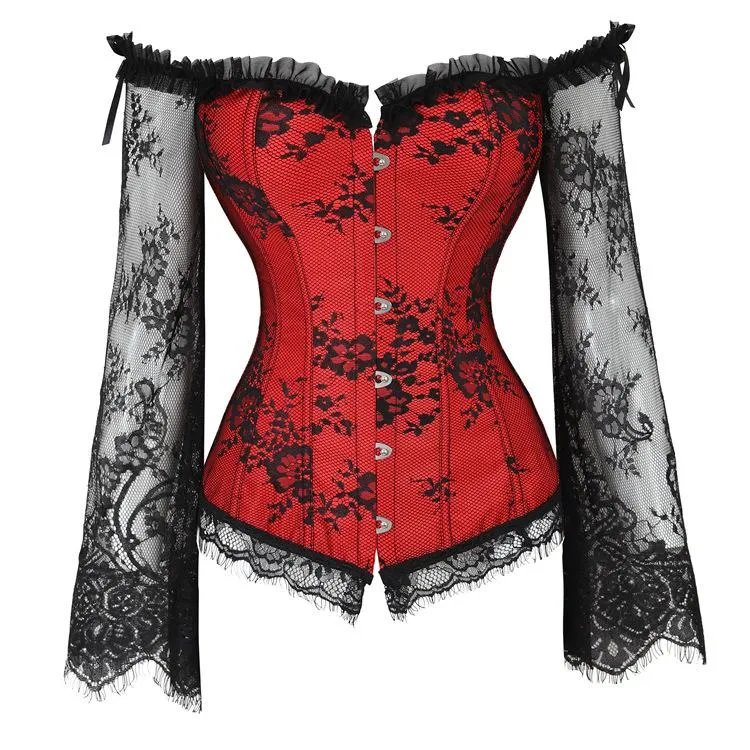 Bustiers korsetten korset top bustier lingerie vrouwen met lange mouwen renaissance plus kanten bloemen sexy kostuums burlesque rood zwart