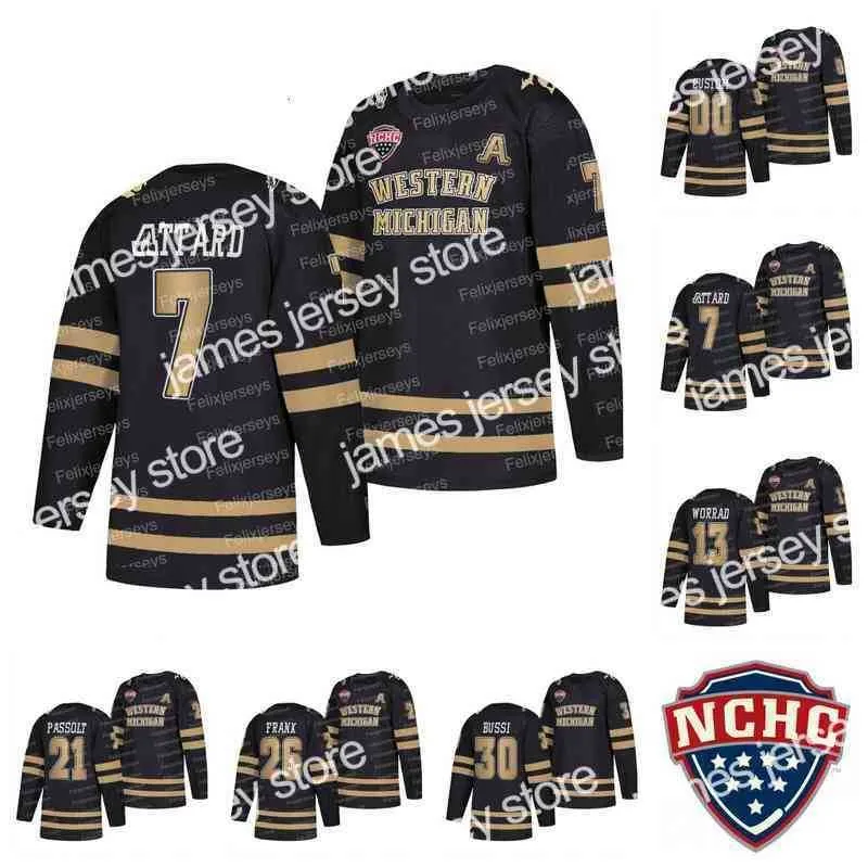 College Hockey trägt Thr West Michigan Broncos Black College Hockey Jersey 2022 NCHC 7 Ronnie Attard 13 Drew Worrad 21 Josh Passolt 26 Ethen Frank 30 Brandon