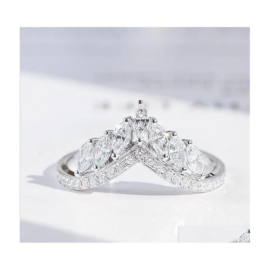 Pierścionki ślubne Rozmiar 610 luksusowa biżuteria Prawdziwa 925 Sterling Sier Crown Ring Fl Marquise Cut White Topaz CZ Diamond Moissanite Band Dhkng