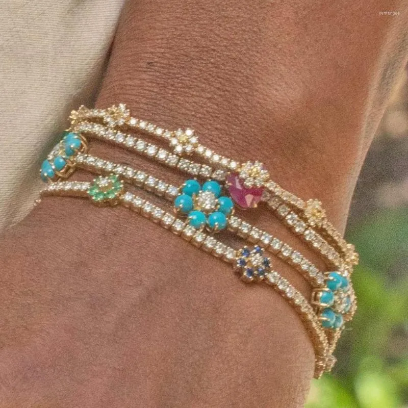 Charmarmband blå grön cz färgglad blomma 3mm tennislänk kedja armband för kvinnor flickor is ut bling asfalterade tusensköna