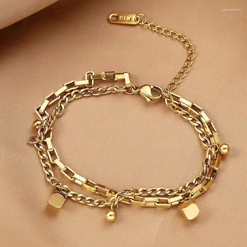 Link Bracelets ENSHIR 316L Stainless Steel Multi-layer Geometric Square Bracelet For Women Personality Gold Color Thick Chain