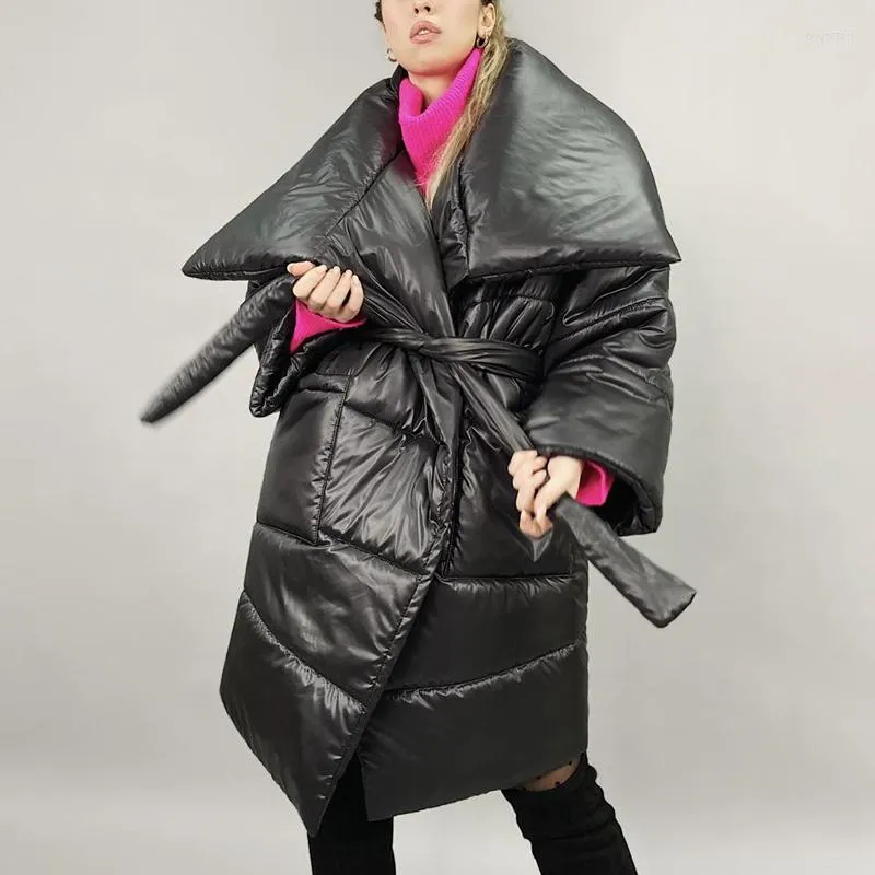 Parkas holgadas cálidas de plumón CP para mujer, abrigos con cinturón de corbata a la moda para mujer, chaquetas de algodón de longitud media con bolsillos para mujer