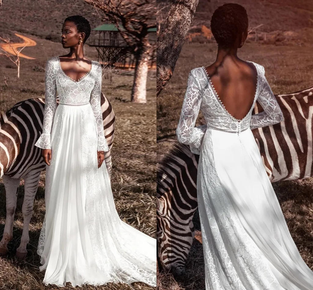 Bohemian Beach wedding attendee dress 2023 - Long Sleeve A-LINE Style with  Crochet Lace, Floral Back, and Sweep Train