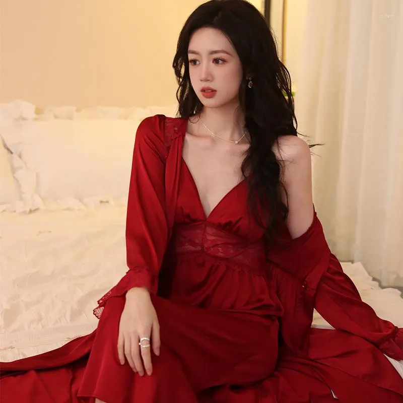 Women's Sleepwear Sexy Lingerie Year Red Satin Kimono Women Robe And Gown Sets Faux Silk Bathrobe Two Piece Set Nightgown