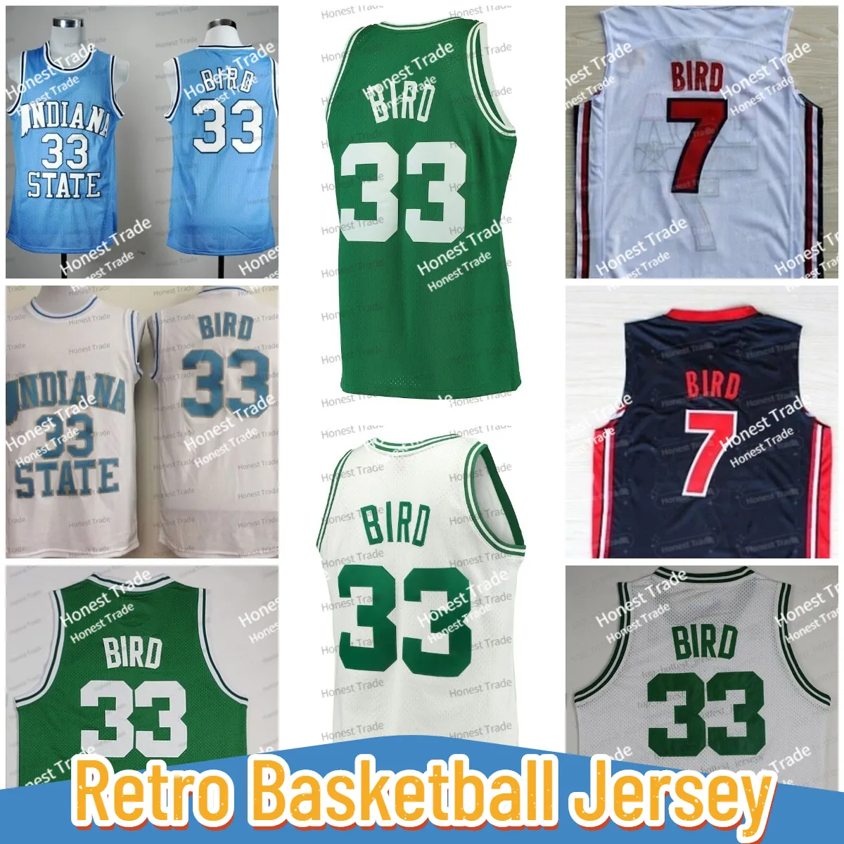 33 Larry Bird Retro Basketball Jersey Indiana State Sycamores 1992 Basketbollslag 7 Bird Blue White Green Throwback Mens Ed Jerseys