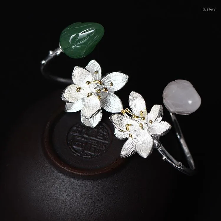 Küme halkaları yüzük S925 STERLING Gümüş Doğal Yeşim Lotus Çiçeği Kadınlar Ulus Tarzı Lady Fine Jewelry