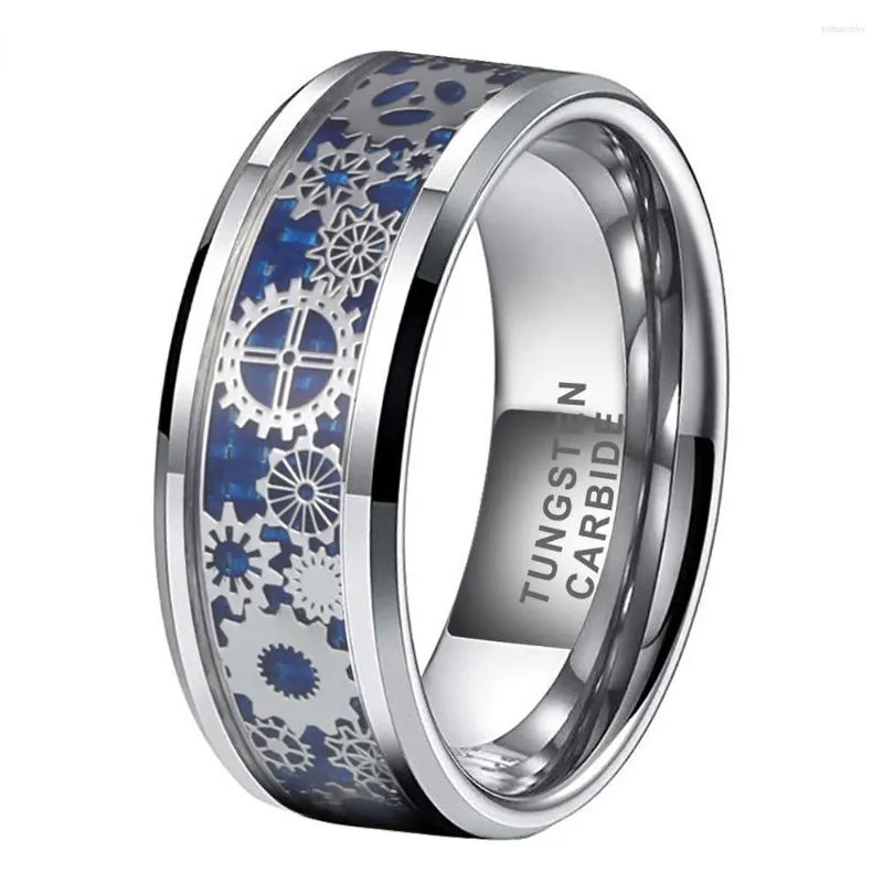 Wedding Rings 8mm Blue Carbon Fiber Steampunk Gear Inlay Tungsten Ring For Men Women Band Fashion Jewelry Comfort Fit