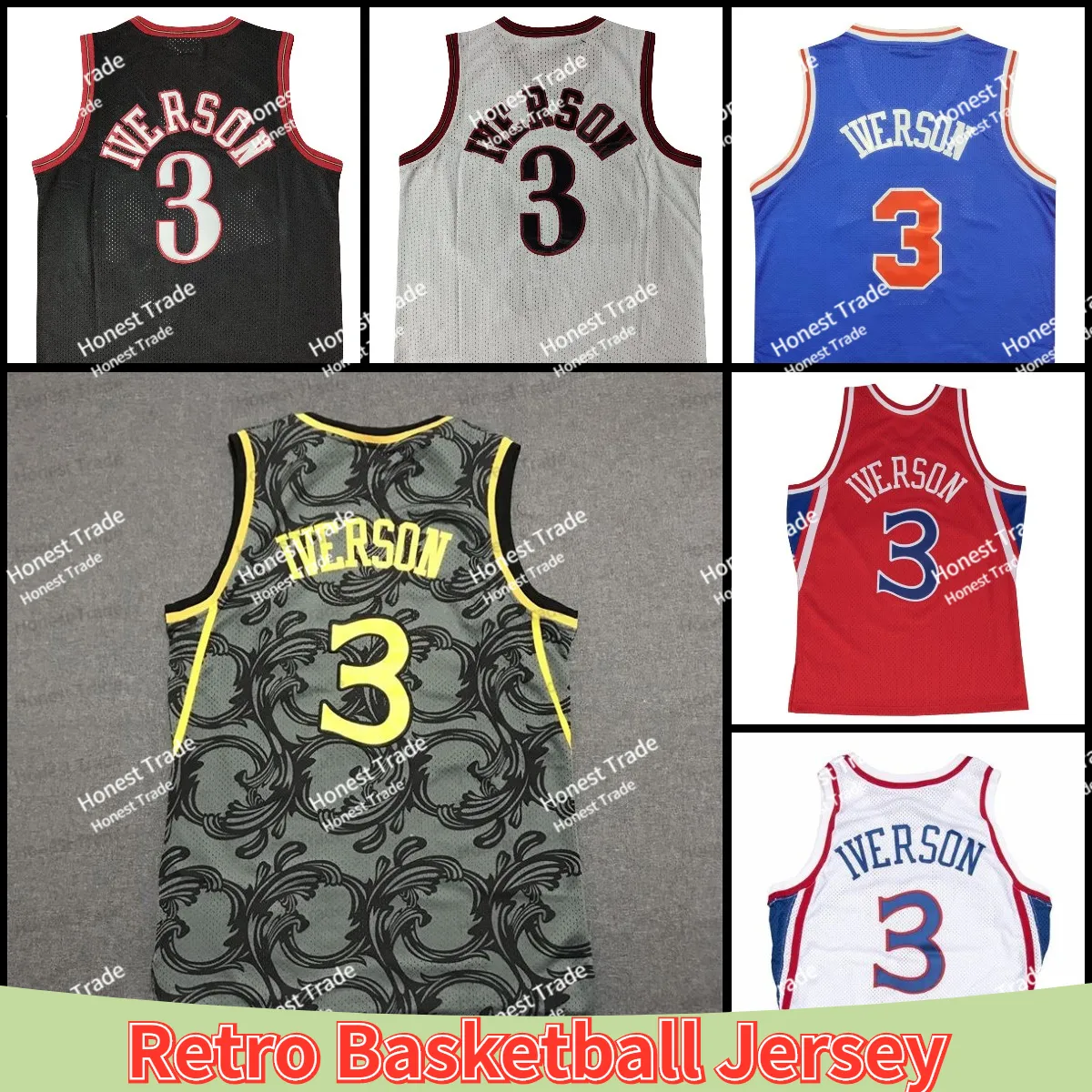 3 Allen Iverson Retro Basketball Jersey Hommes Rouge Bleu Throwback Iverson Basketball Maillots Cousu Mesh Respirant