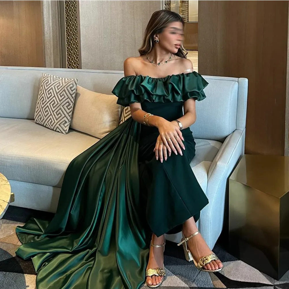 Hunter Green Sheath Evening Dresses Off The Shoulder Ruched Satin Formal Party Gown Asymmetrical Arabic Dubai Vestidos De Novia 326 326