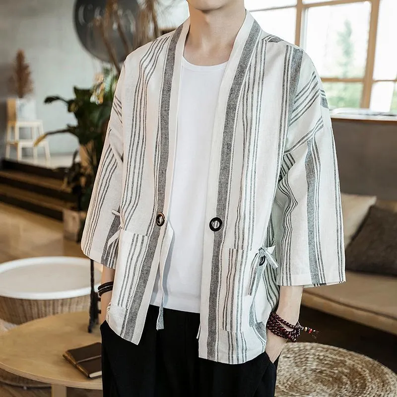 Herrjackor 2023 Summer Stripe Patchwork Kimono Jacket Streetwear Windbreaker Ribbons Cardigan Cotton Linen Open Stitch Coat Man