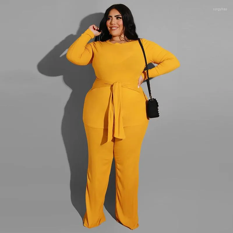 Ruos de faixa plus size mulheres conjuntos de manga longa camisa de bandagem e perna larga calça 2023 moda de outono duas peças conjunto sexy lady tracksuit atacado