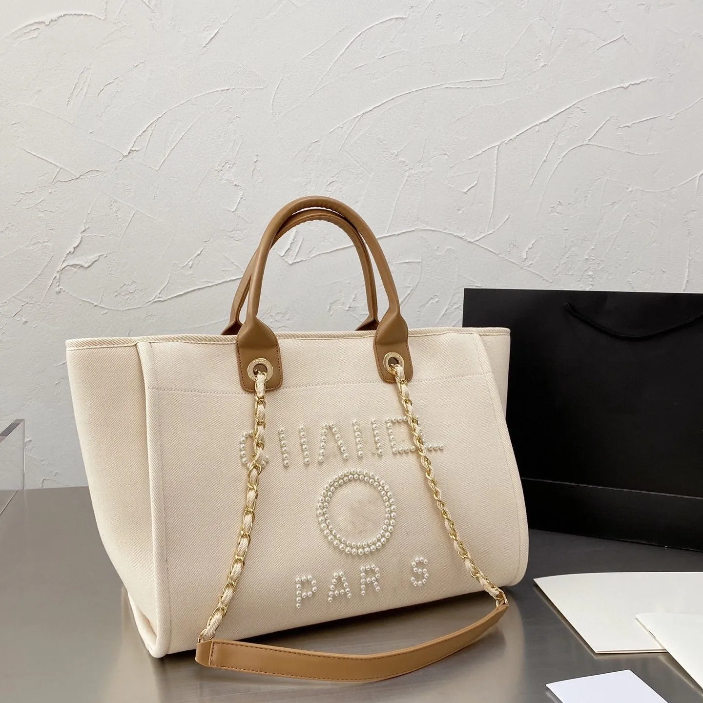 2023 Neues Muster Frauen Luxus Handtaschen Designer Strandtasche Mode Stricken Geldbörse Schulter Große Tasche mit Kette Leinwand Einkaufen mit Box