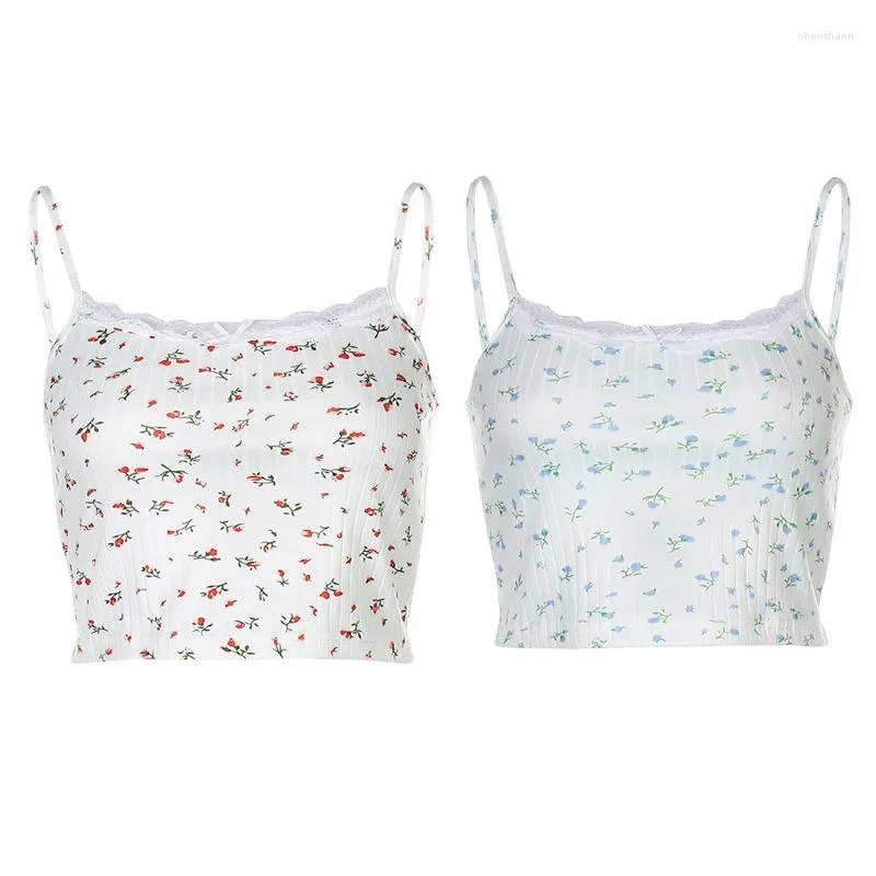 Women's Tanks Women Spaghetti Strap Crop Top Little Floral Print Knit Lace Splicing Camis Vest X4YC