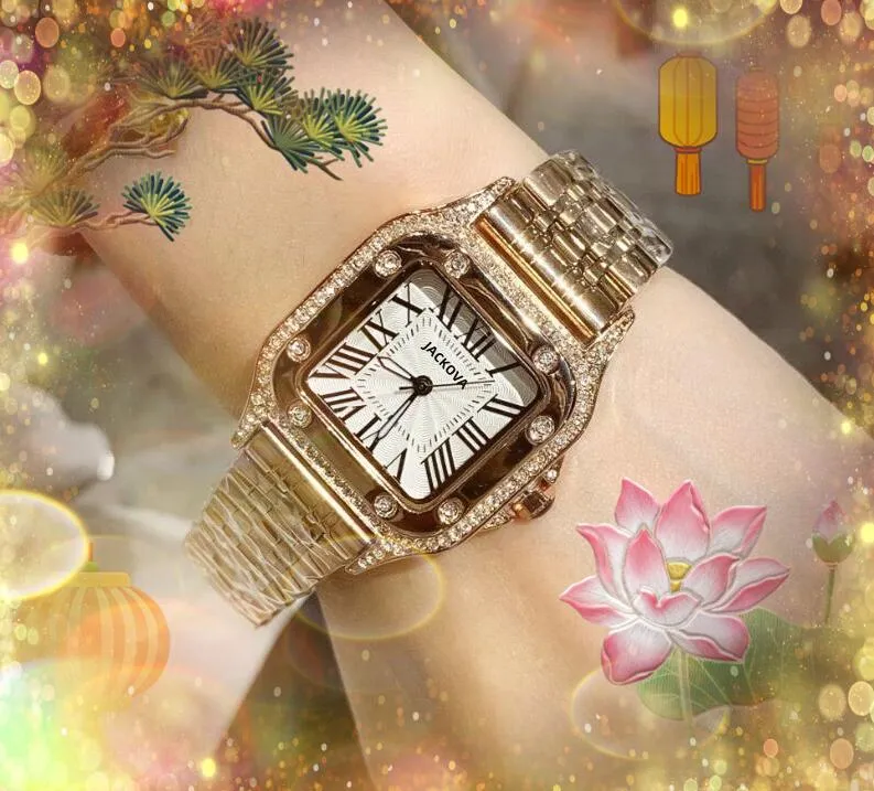 Fashion Women Shine Diamonds Ring Watches Iced Out Square Roman Tank Dial Designer Quartz Movement Lady Rose Gold Watch Super Bright Stainless Steel Clock