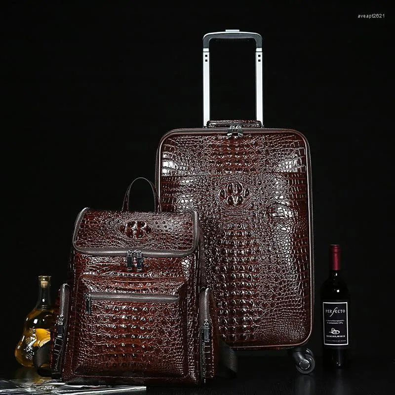 Valises en cuir véritable motif crocodile bagages de voyage avec sac à main sac à dos valise de chariot en peau de vache de première couche pour hommes Bo291u