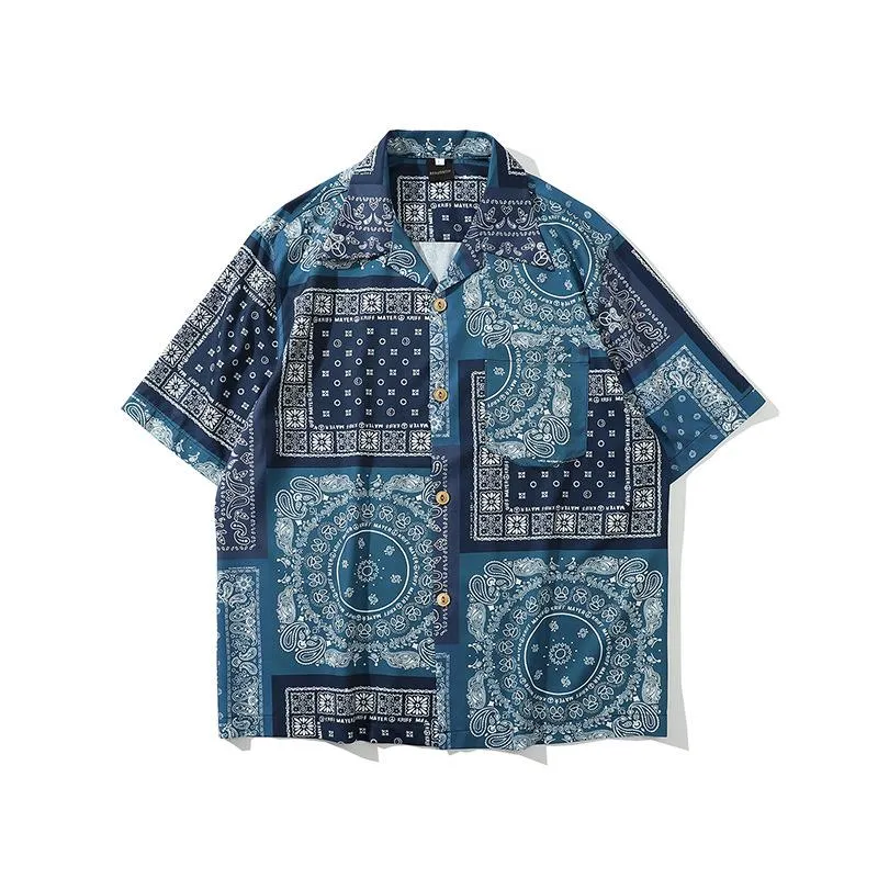 Erkekler sıradan gömlek Japonse tarzı bandana gömlek erkekler vintage paisley yaz kısa kollu gevşek erkek plaj Hawaiian 2023