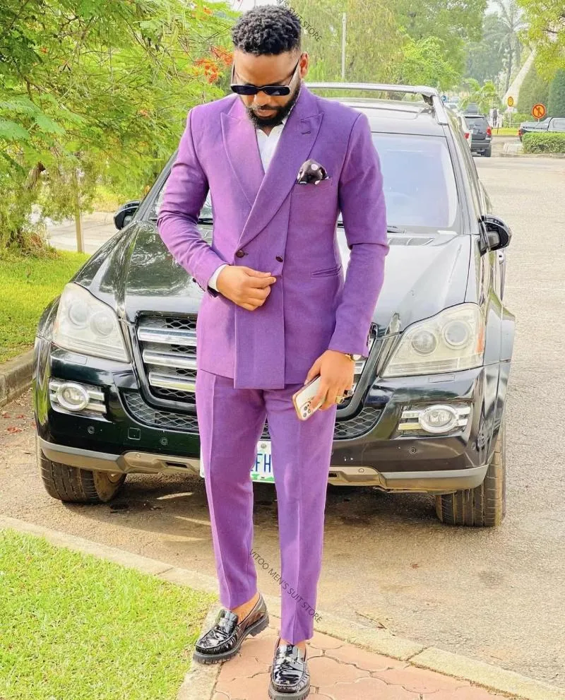 Men's Suits Double Breasted Men Blazer With Pants Bespoke Wedding Tuxedos Purple Male Suit Outfit 2Pcs Coat Pant Latest Design