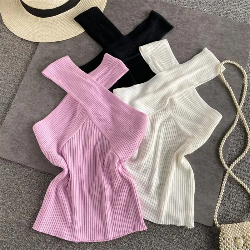 Magliette da donna sexy Halter tops camicia maglieria 2023 maglietta senza maniche estate slim fit women women white white knitt tee femme