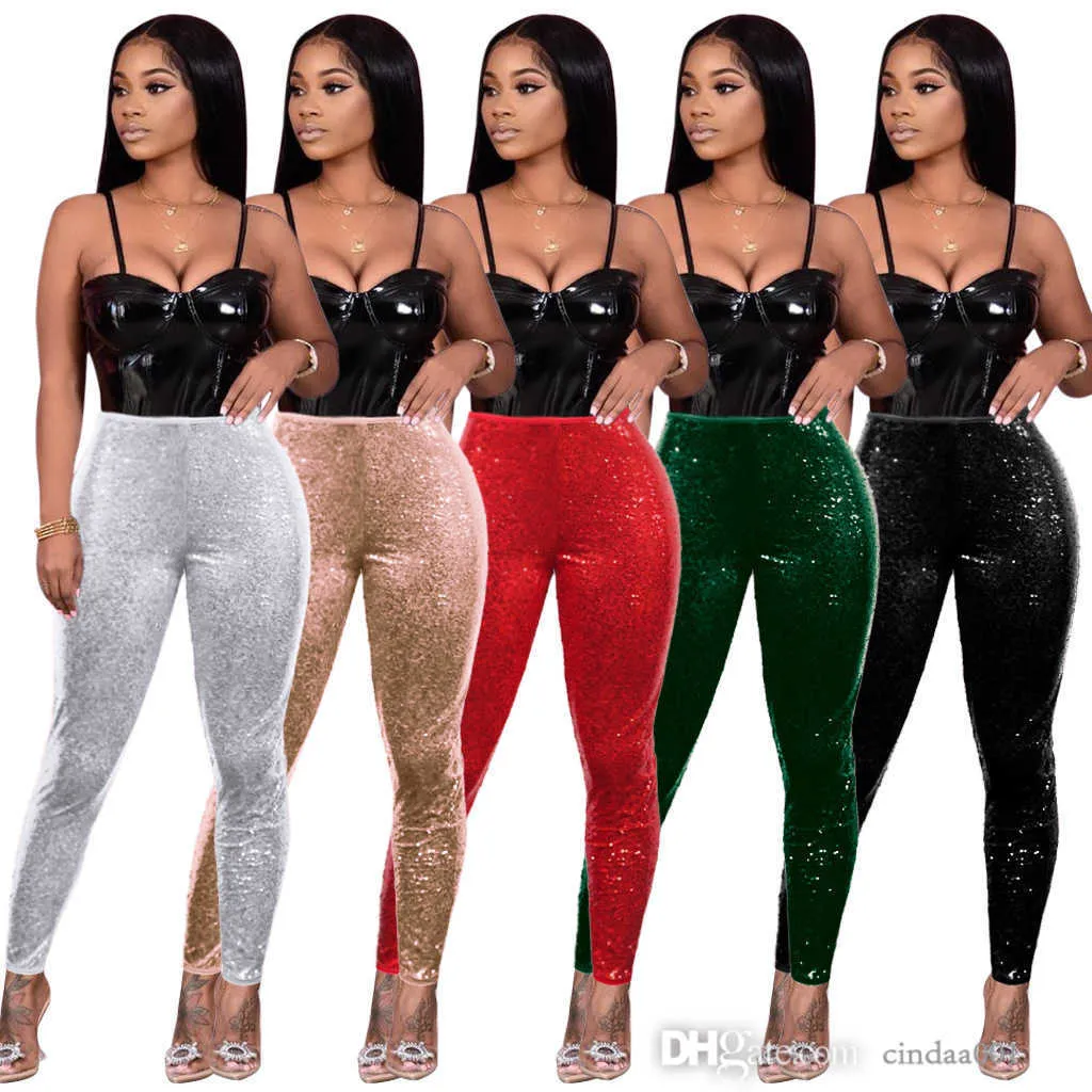 Womens paljetter byxor 2023 ny designer hög elastiska leggings plus size bodycon capris 5 färger sexig pärla stycke fodrad smal fit byxa