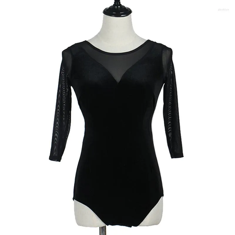 Roupas de Palco Danças de Balé Prática Preto Collant Manga Comprida Vestuário Feminino Senhora Sexy Performance Mesh Fios Tops DWY766