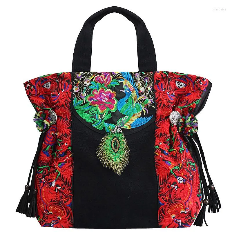 Bolsos de noche, bolso de lona Vintage chino para mujer, hombro bordado étnico, plumas de pavo real bohemias