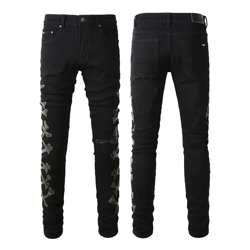 Herrjeans lyxmärke Letter Star Herr Broderi Patchwork Rippade jeans Byxor Raka Slim Elastisk Denim Passform Moto Byxor Trendiga Streetwear storlek 28-38