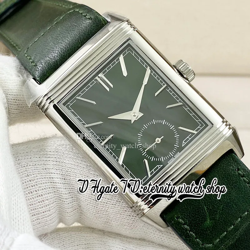 MGF Reverso Tribute Duoface 2024 Mens Watch Mechanical Hand winding Dual Time Zone Green Dial Leather Strap Super V2 Edition Steel Case