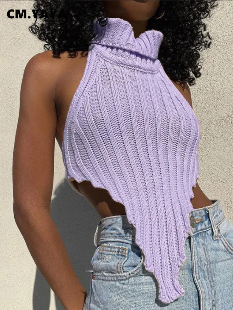 Women's Tanks Camis CM YAYA Street IN Turtleneck Backless Irregular V hem Sleeveless Oversized Pullover Crop Tank Sweater Tops 230105